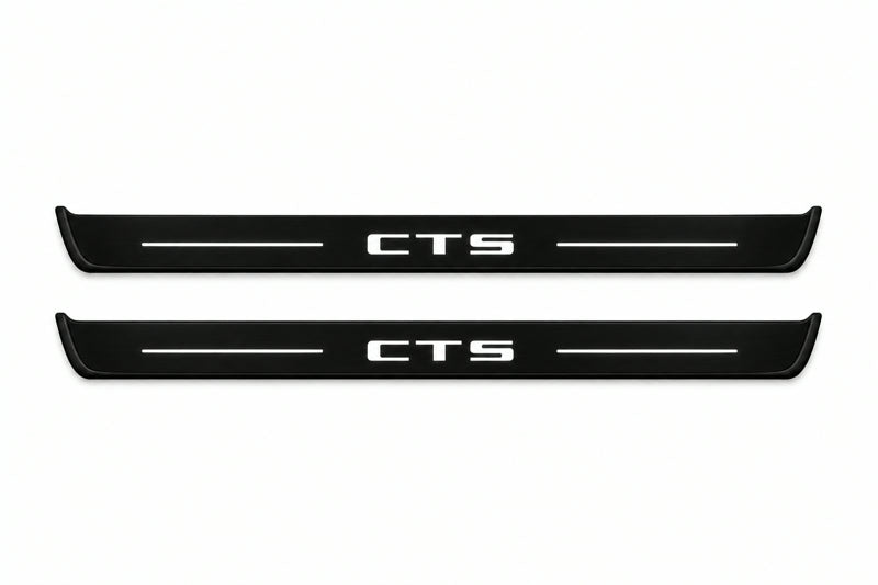 Catalogue illustration of two front black Matte PRO LED door sill plates with illuminated CTS lettering for Cadillac CTS II GM325; dimensions are selected during manufacture.