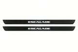 Catalogue illustration of two front black Matte PRO LED door sill plates with illuminated Escalade lettering for Cadillac Escalade; dimensions are selected during manufacture.