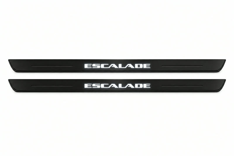 Catalogue illustration of two front black Matte PRO LED door sill plates with illuminated Escalade lettering for Cadillac Escalade; dimensions are selected during manufacture.