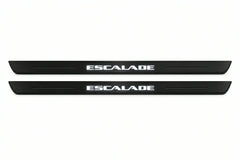 Catalogue illustration of two front black Matte PRO LED door sill plates with illuminated Escalade lettering for Cadillac Escalade; dimensions are selected during manufacture.
