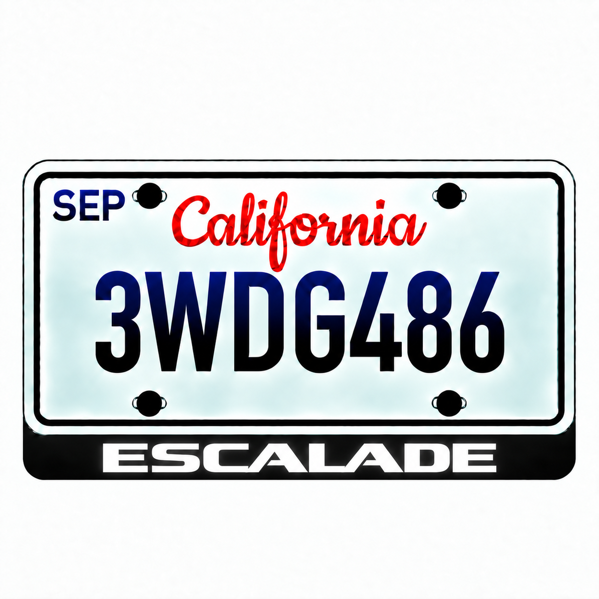 Cadillac ESCALADE illuminated LED license plate badge with solid lettering below an illustrative US plate; plate not included