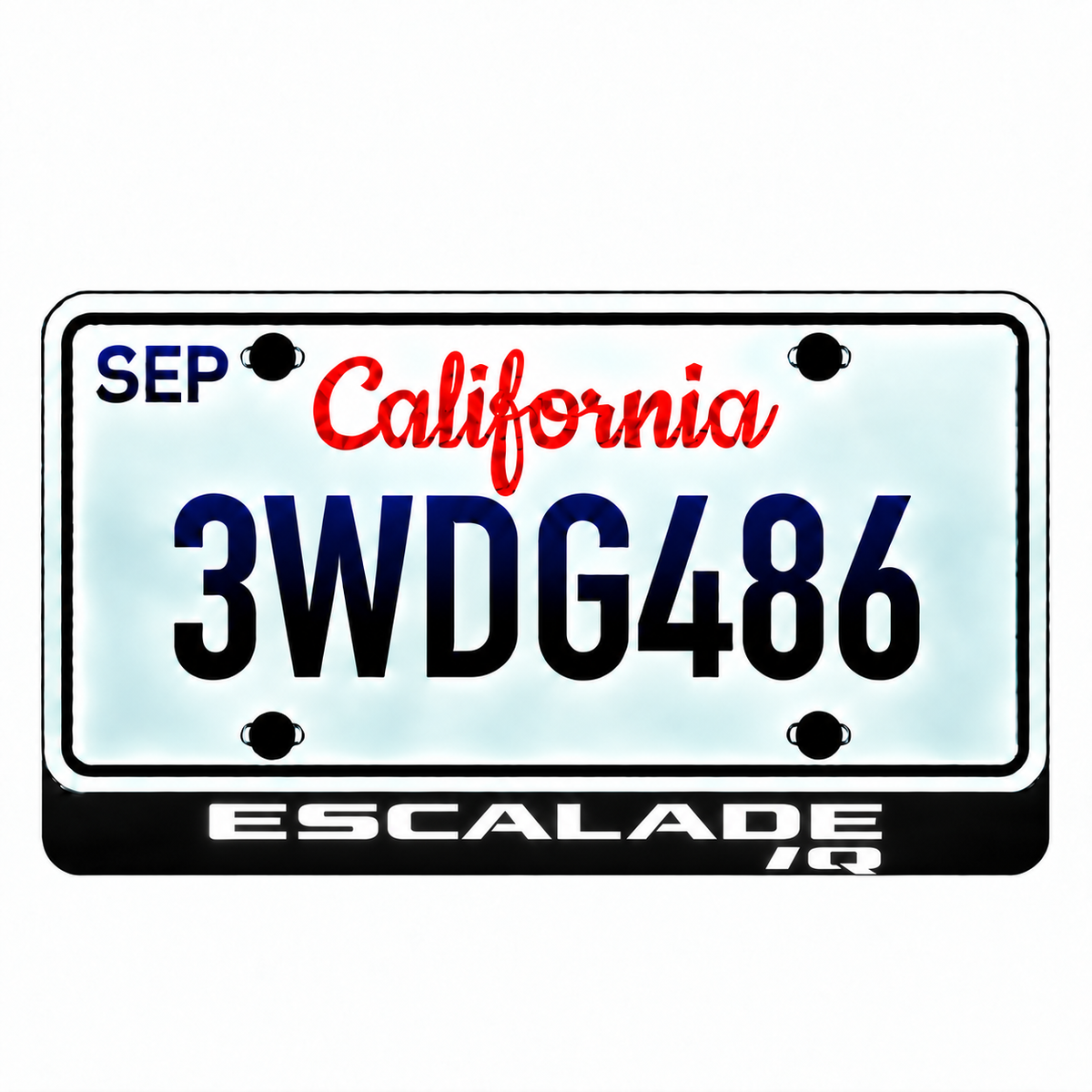 Cadillac ESCALADE IQ illuminated LED license plate badge with solid lettering below an illustrative US plate; plate not included