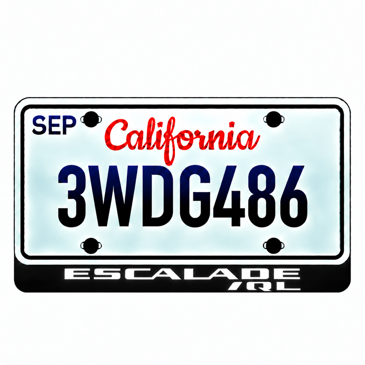 Cadillac ESCALADE IQL illuminated LED license plate badge with solid lettering below an illustrative US plate; plate not included