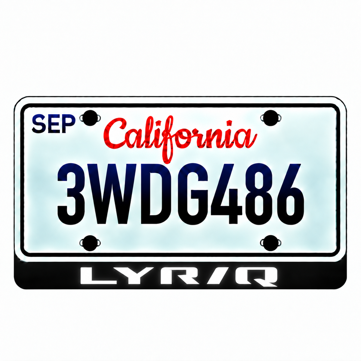 Cadillac LYRIQ illuminated LED license plate badge with solid lettering below an illustrative US plate; plate not included