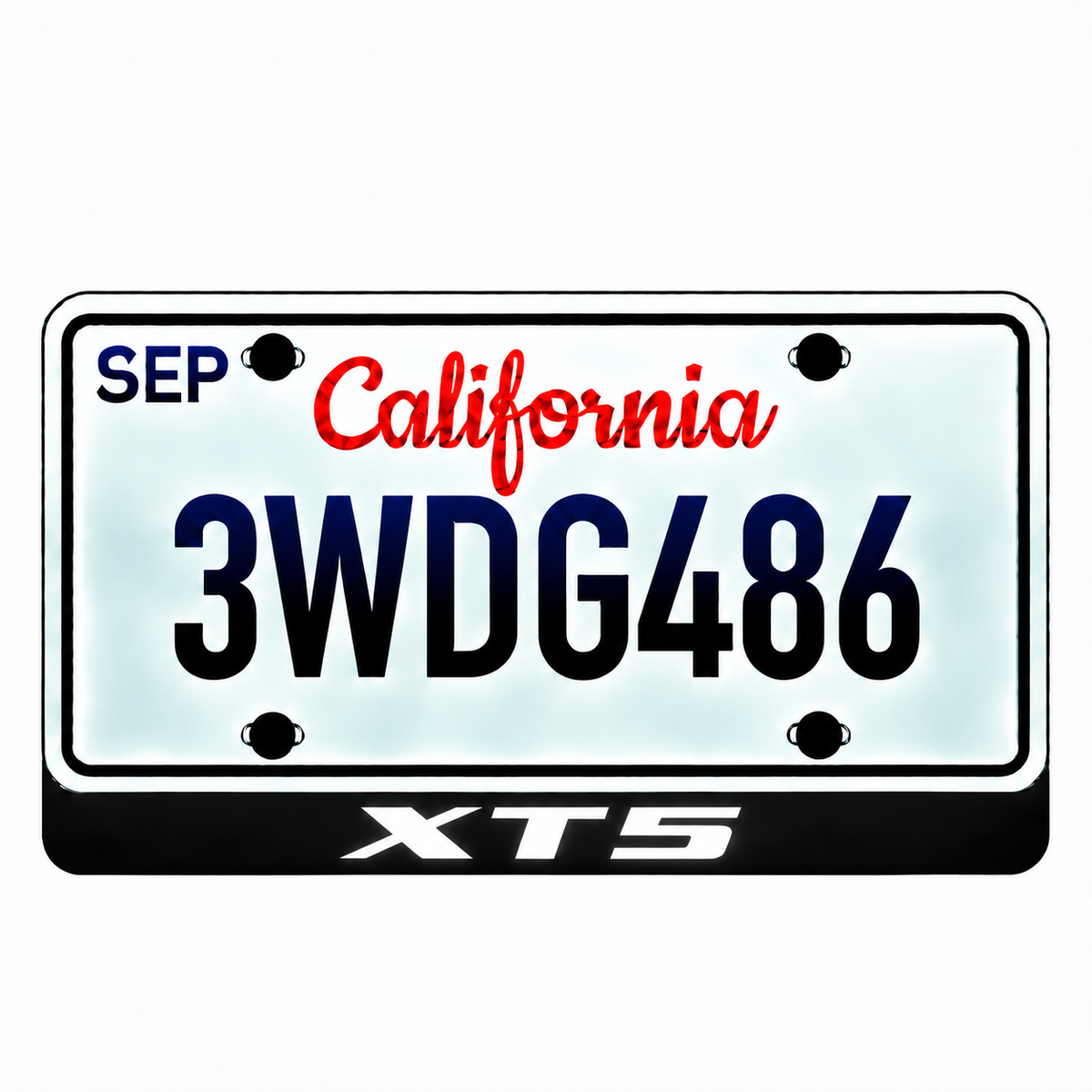 Cadillac XT5 illuminated LED license plate badge with solid lettering below an illustrative US plate; plate not included