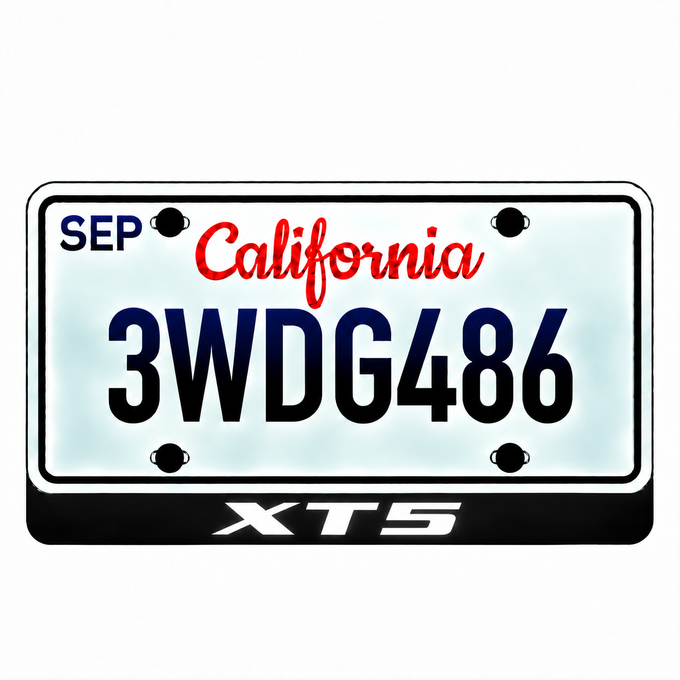 Cadillac XT5 illuminated LED license plate badge with solid lettering below an illustrative US plate; plate not included