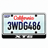Cadillac XT6 illuminated LED license plate badge with solid lettering below an illustrative US plate; plate not included