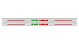 Catalog illustration of two long gray door sill plates with green 345 and red HEMI lettering with red horizontal lines on a white background.