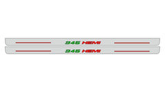 Catalog illustration of two long gray door sill plates with green 345 and red HEMI lettering with red horizontal lines on a white background.