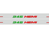 Close-up catalog illustration of green 345 and red HEMI lettering on gray door sill plates.