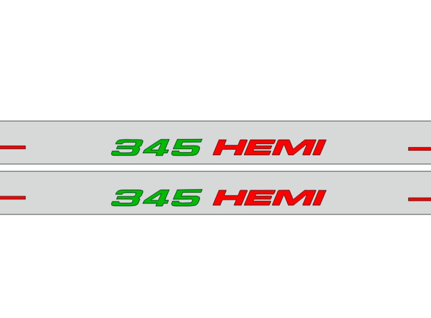 Close-up catalog illustration of green 345 and red HEMI lettering on gray door sill plates.