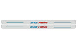 Catalog illustration of two long gray door sill plates with blue 345 and red HEMI lettering with blue horizontal lines on a white background.