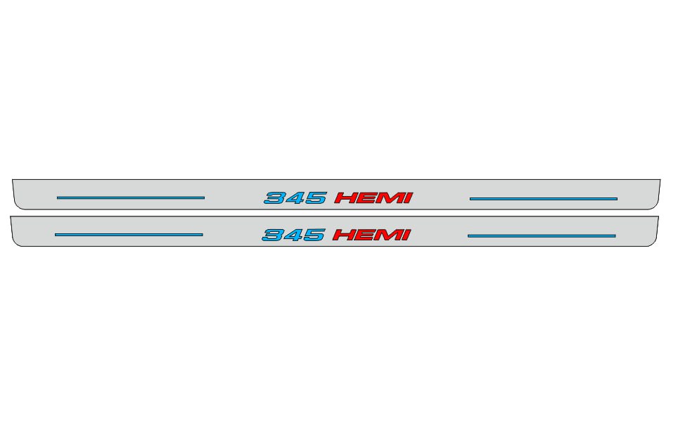 Catalog illustration of two long gray door sill plates with blue 345 and red HEMI lettering with blue horizontal lines on a white background.