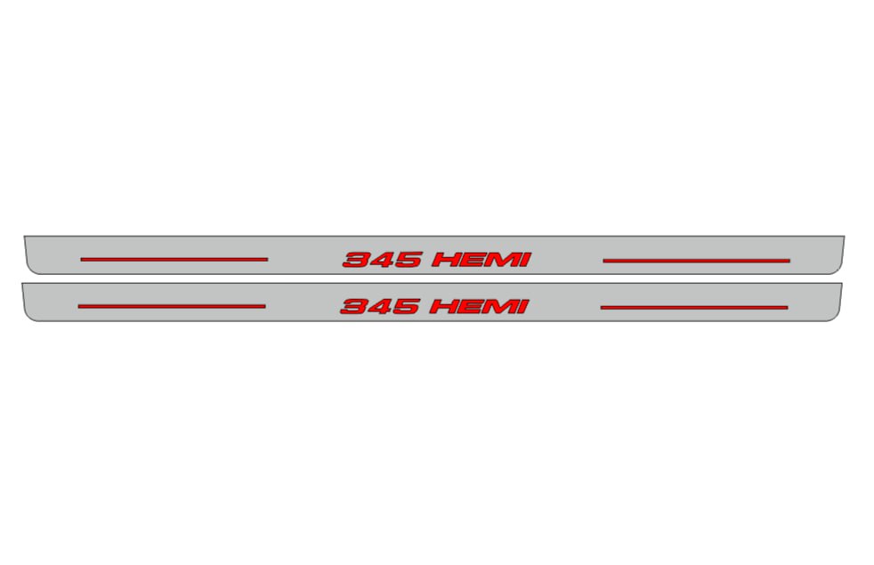 Catalog illustration of two long gray door sill plates with red 345 HEMI lettering and horizontal lines on a white background.