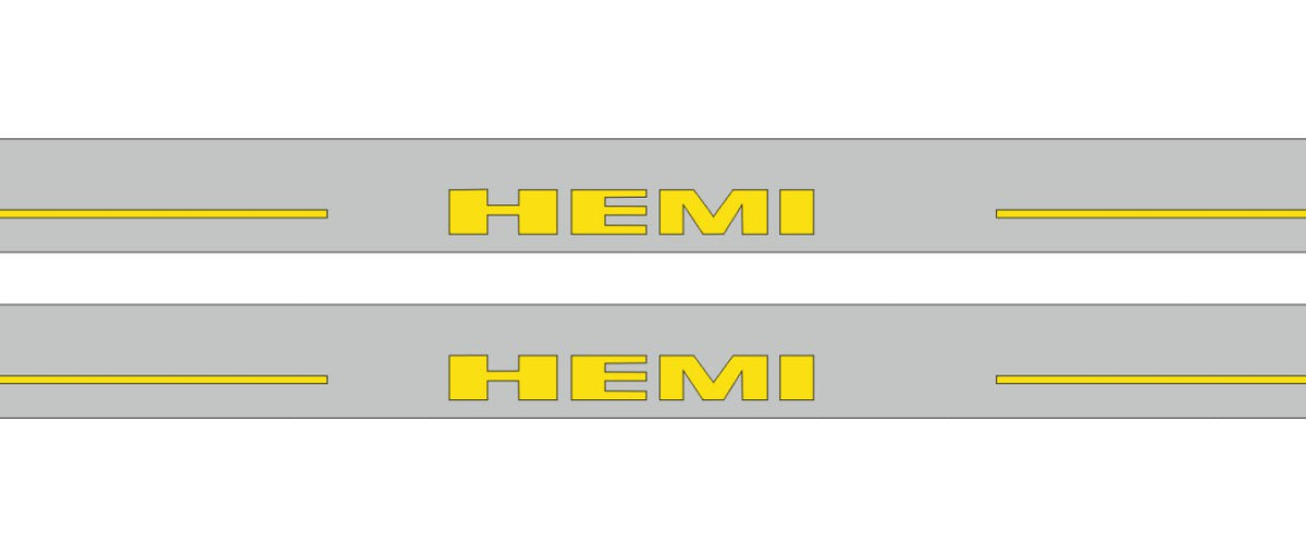 Close-up catalog illustration of yellow HEMI lettering and horizontal lines on gray door sill plates.