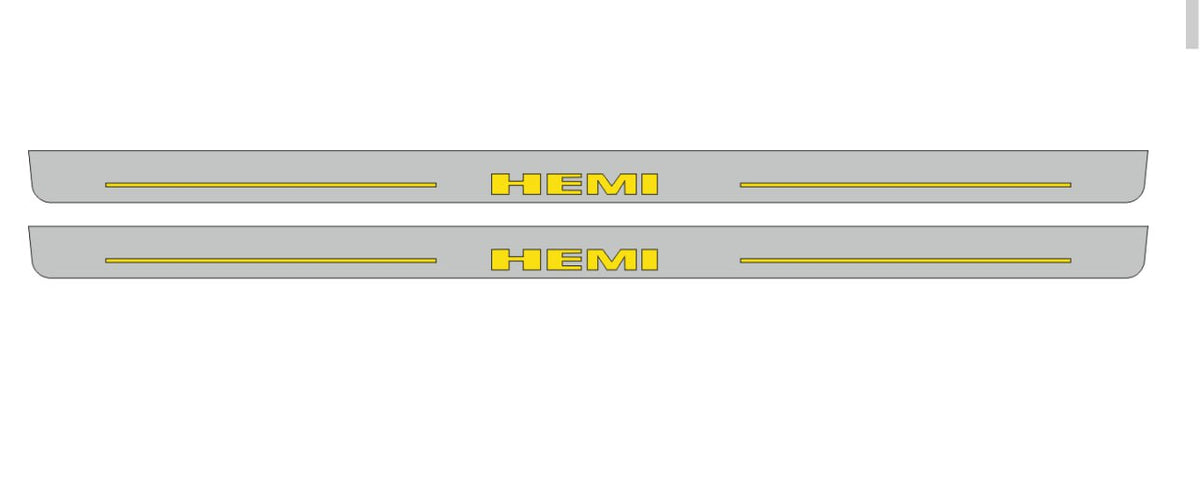 Catalog illustration of two long gray door sill plates with yellow HEMI lettering and horizontal lines on a white background.