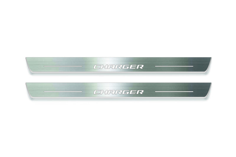 LED door sill plates Dodge Charger LD 2005+ in stainless steel with Charger logo