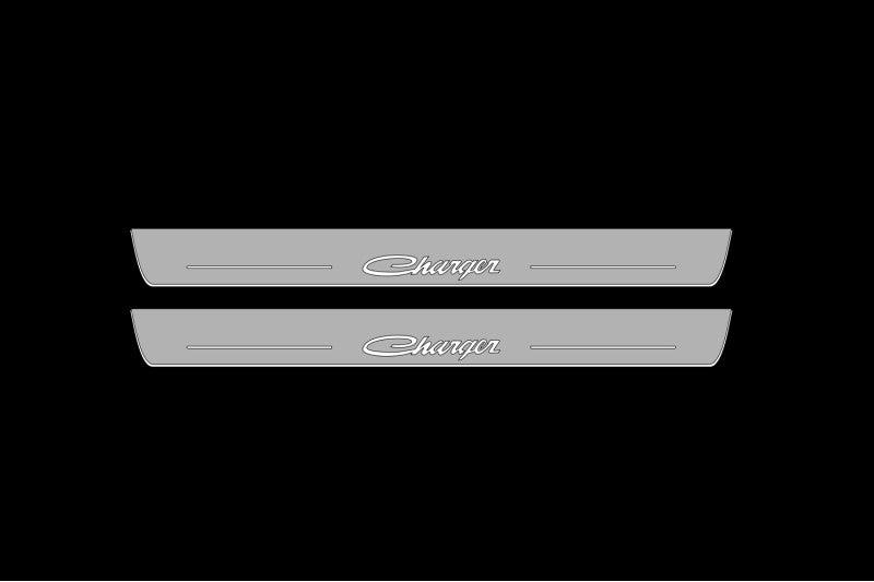 Illuminated LED Door Sill Tread Plates Dodge Charger 2023+ With Charger Logo Dodge Led Door Sills opdesign