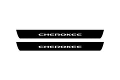 Catalog illustration of two black front door sill plates with Cherokee lettering.