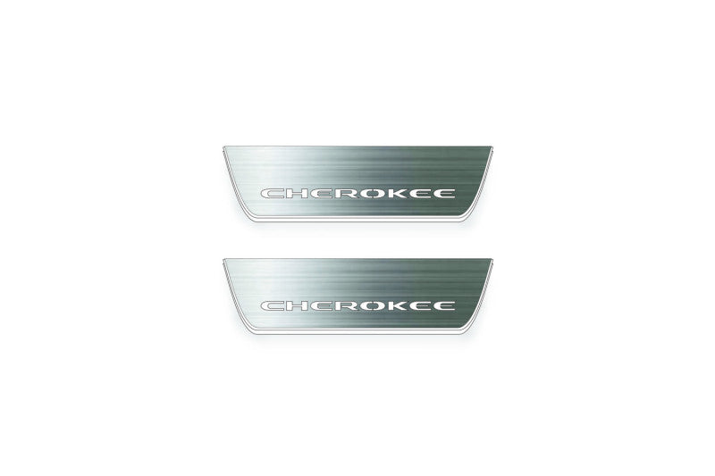 Two short silver-finished door sill plates with Cherokee lettering on a light background, straight-on view.