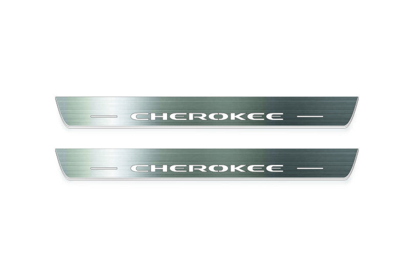 Two long silver-finished door sill plates with Cherokee lettering on a light background, straight-on view.