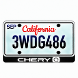 Chery Q illuminated LED license plate badge with solid lettering below an illustrative US plate; plate not included