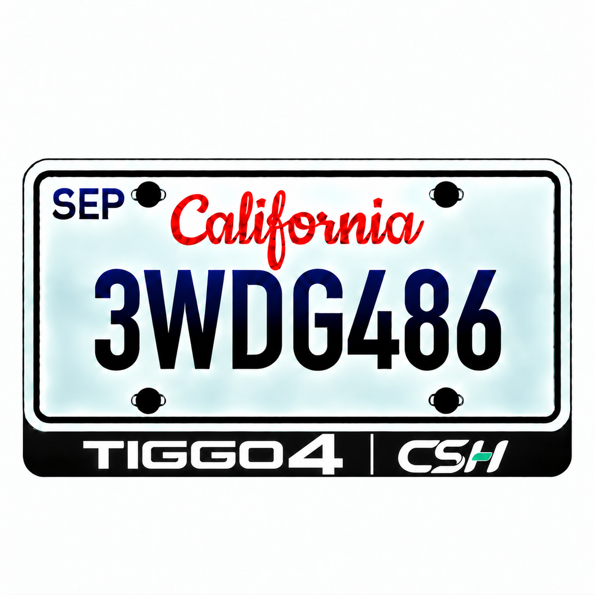 Chery TIGGO 4 CSH illuminated LED license plate badge with solid lettering below an illustrative US plate; plate not included