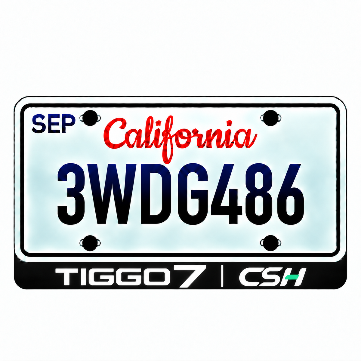 Chery TIGGO 7 CSH illuminated LED license plate badge with solid lettering below an illustrative US plate; plate not included