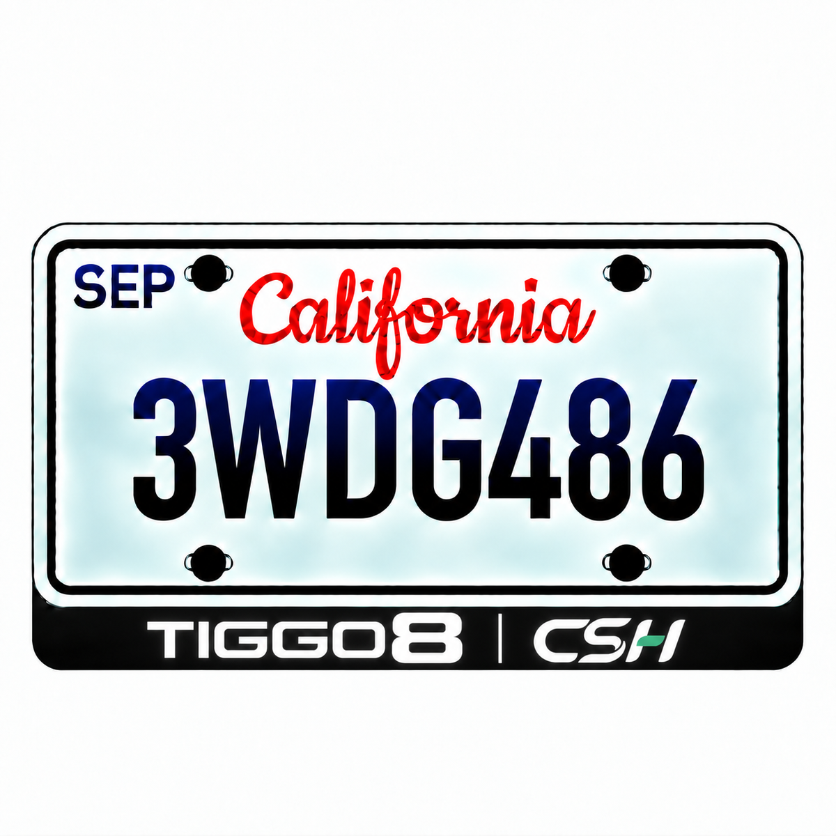 Chery TIGGO 8 CSH illuminated LED license plate badge with solid lettering below an illustrative US plate; plate not included