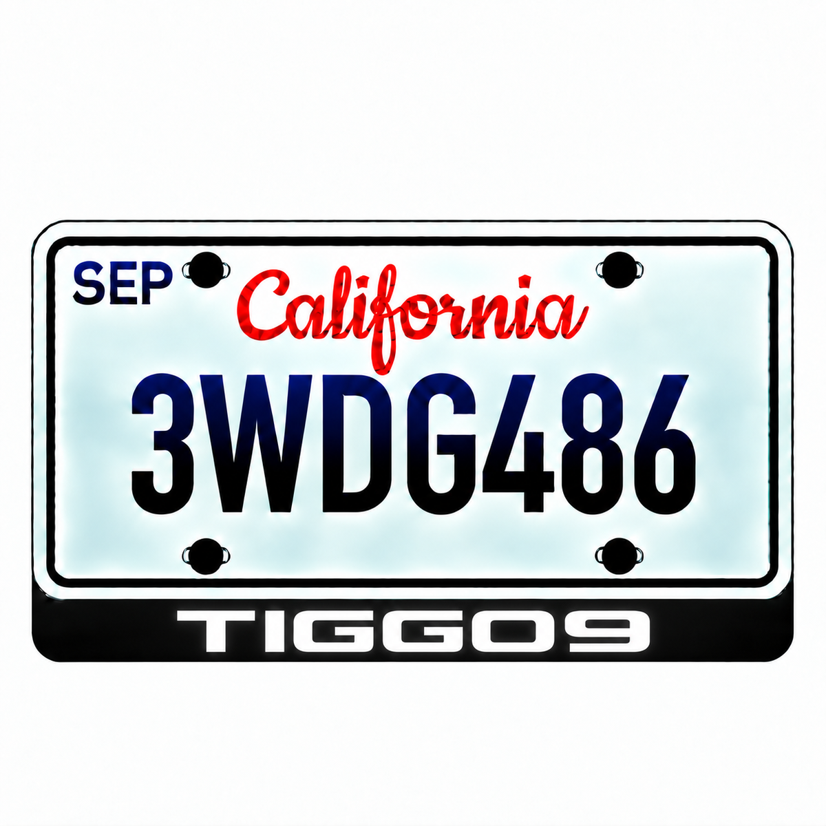 Chery TIGGO 9 illuminated LED license plate badge with solid lettering below an illustrative US plate; plate not included