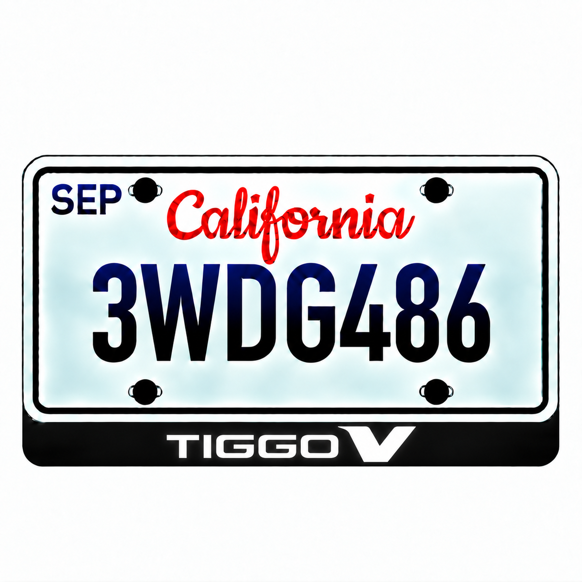 Chery TIGGO V illuminated LED license plate badge with solid lettering below an illustrative US plate; plate not included