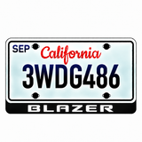 Chevrolet BLAZER illuminated LED license plate badge with solid lettering below an illustrative US plate; plate not included