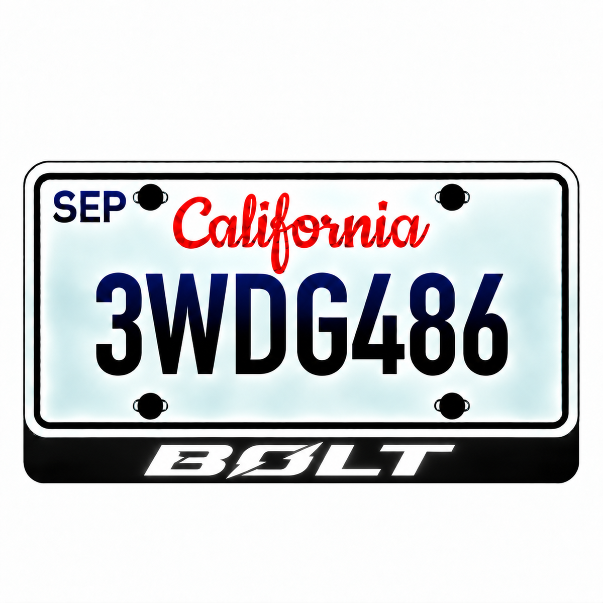 Chevrolet BOLT illuminated LED license plate badge with solid lettering below an illustrative US plate; plate not included