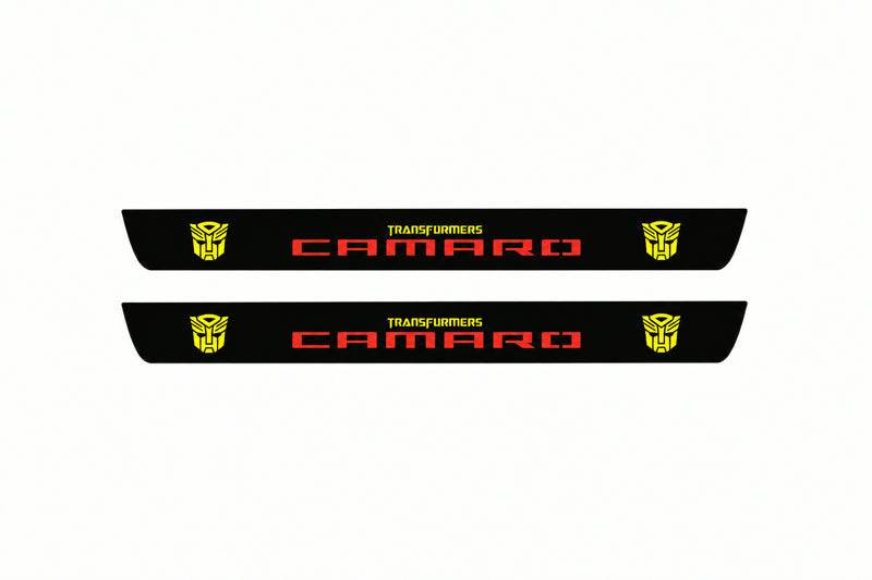 Catalogue illustration of two front black Matte PRO LED door sill plates with illuminated Camaro Transformers lettering for Chevrolet Camaro E37; dimensions are selected during manufacture.