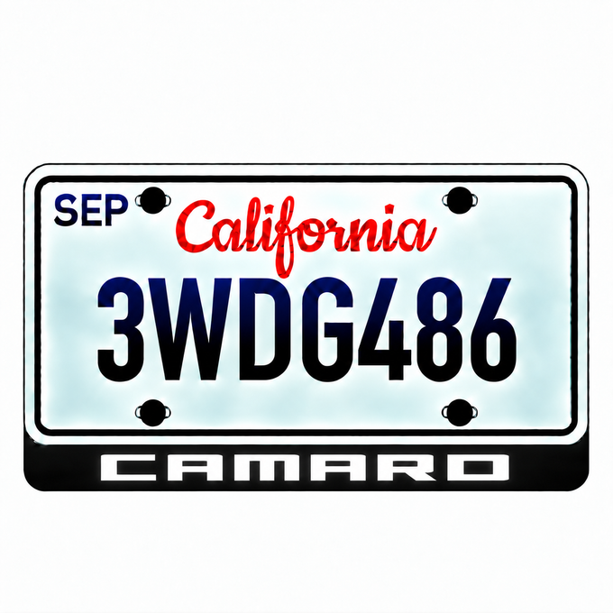 Chevrolet CAMARO illuminated LED license plate badge with solid lettering below an illustrative US plate; plate not included
