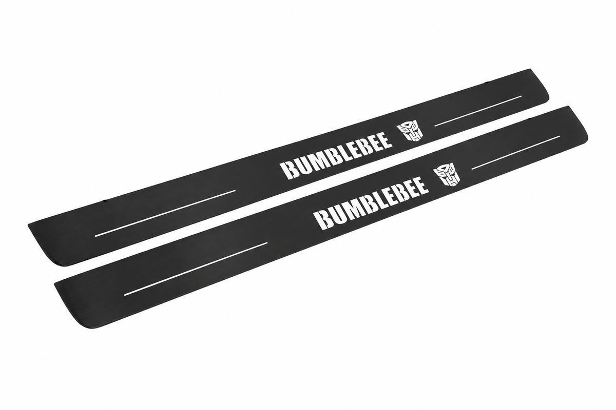 Chevrolet Camaro V E37 BumbleBee Matte PRO LED door sills, FRONT two-piece catalogue illustration, matte black with white illumination
