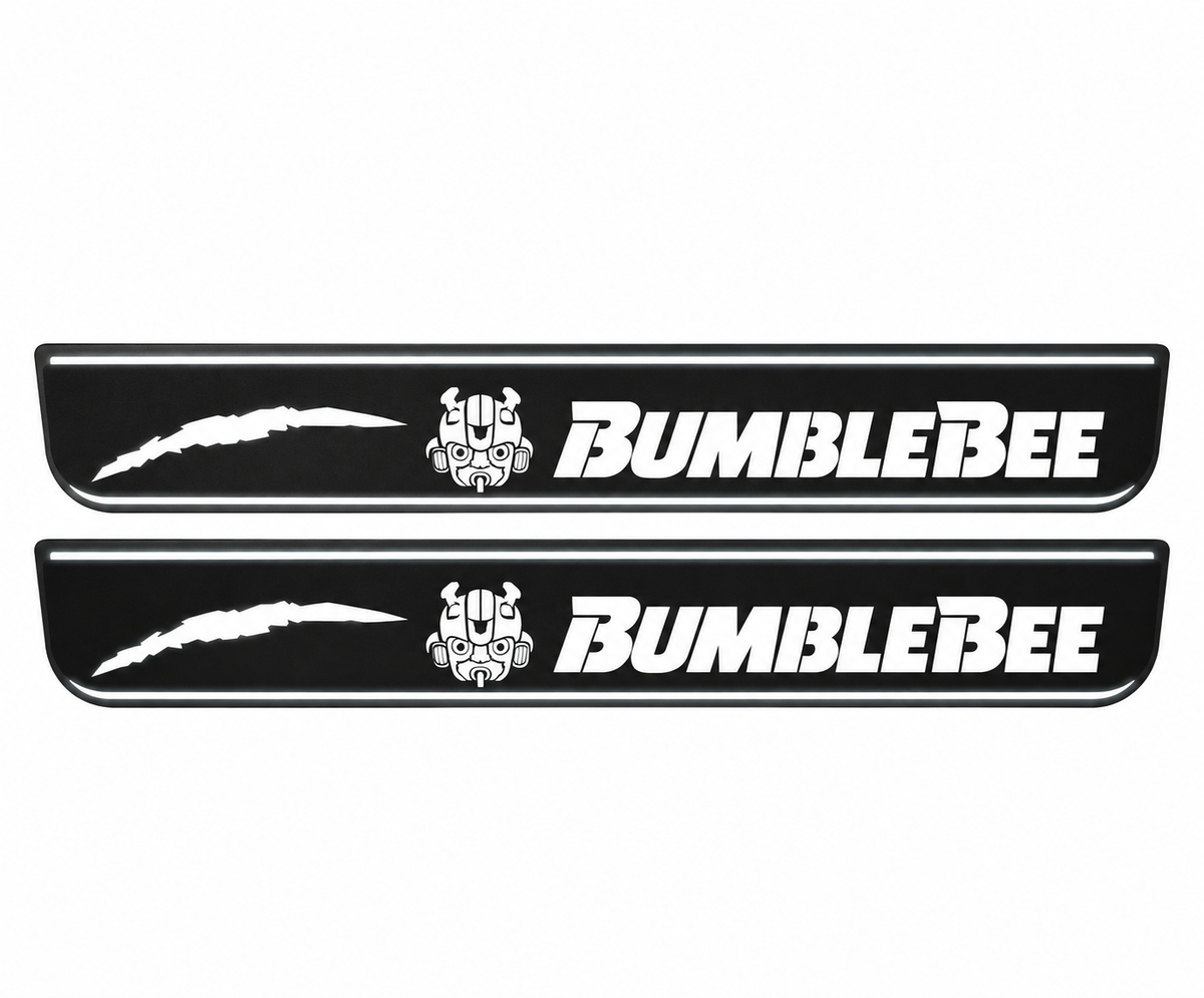 Chevrolet Camaro V E37 BumbleBee Type 2 Matte PRO LED door sills, FRONT two-piece catalogue illustration, matte black with white illumination