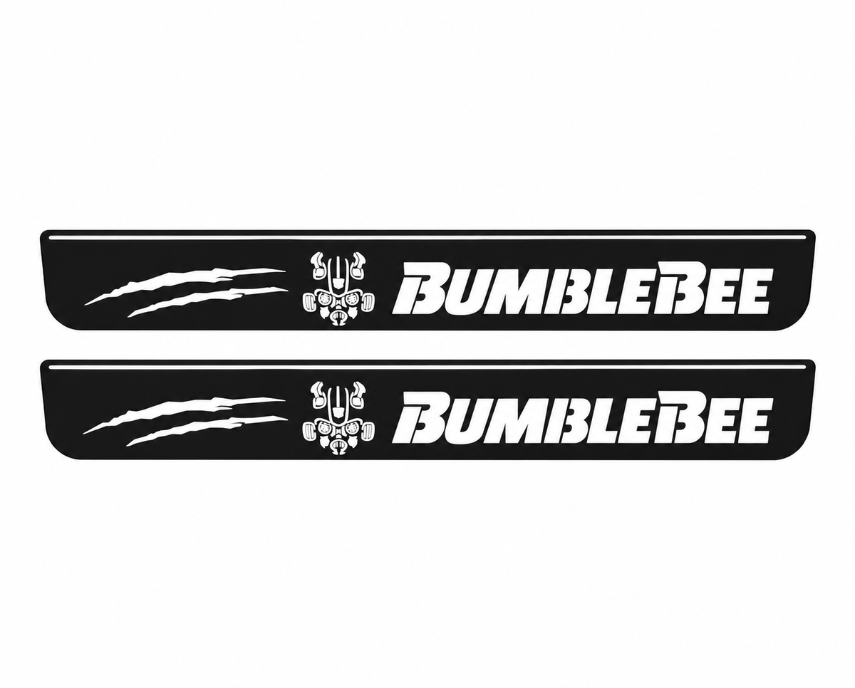 Chevrolet Camaro VI BumbleBee Type 1 Matte PRO LED door sills, FRONT two-piece catalogue illustration, matte black with white illumination