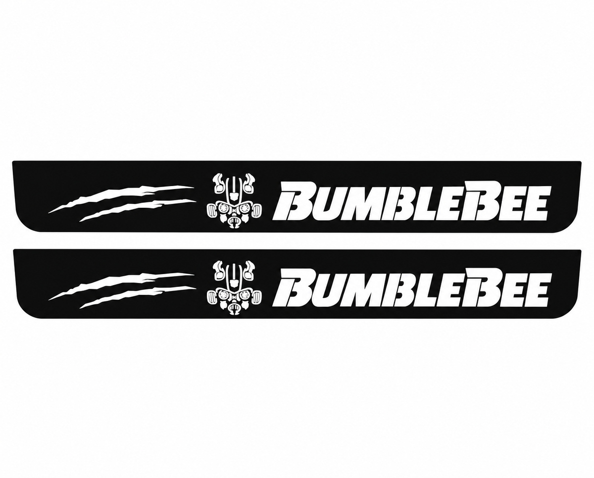 Chevrolet Camaro VI BumbleBee Type 1 Matte PRO LED door sills, FRONT two-piece catalogue illustration, matte black with white illumination