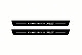 Catalogue illustration of two front black Matte PRO LED door sill plates with illuminated Camaro RS lettering for Chevrolet Camaro VI; dimensions are selected during manufacture.