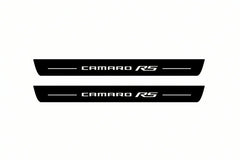 Catalogue illustration of two front black Matte PRO LED door sill plates with illuminated Camaro RS lettering for Chevrolet Camaro VI; dimensions are selected during manufacture.