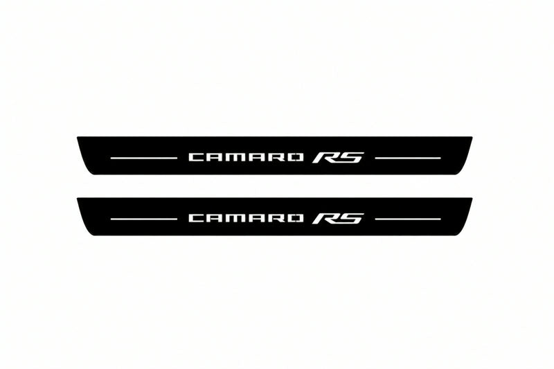 Catalogue illustration of two front black Matte PRO LED door sill plates with illuminated Camaro RS lettering for Chevrolet Camaro VI; dimensions are selected during manufacture.