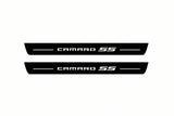 Catalogue illustration of two front black Matte PRO LED door sill plates with illuminated Camaro SS lettering for Chevrolet Camaro VI; dimensions are selected during manufacture.