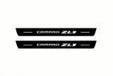 Catalogue illustration of two front black Matte PRO LED door sill plates with illuminated Camaro ZL1 lettering for Chevrolet Camaro VI; dimensions are selected during manufacture.