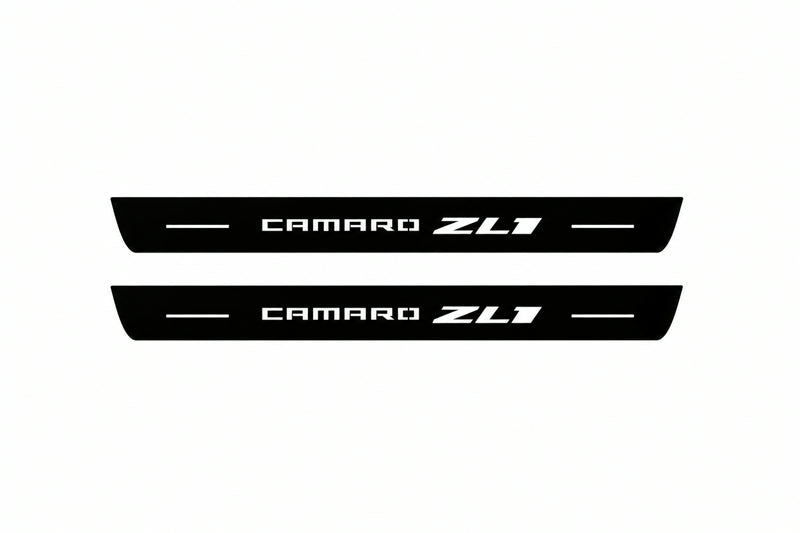 Catalogue illustration of two front black Matte PRO LED door sill plates with illuminated Camaro ZL1 lettering for Chevrolet Camaro VI; dimensions are selected during manufacture.