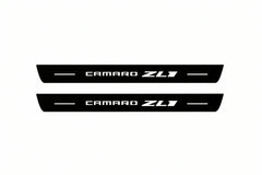 Catalogue illustration of two front black Matte PRO LED door sill plates with illuminated Camaro ZL1 lettering for Chevrolet Camaro VI; dimensions are selected during manufacture.