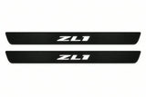 Catalogue illustration of two front black Matte PRO LED door sill plates with illuminated ZL1 lettering for Chevrolet Camaro VI; dimensions are selected during manufacture.