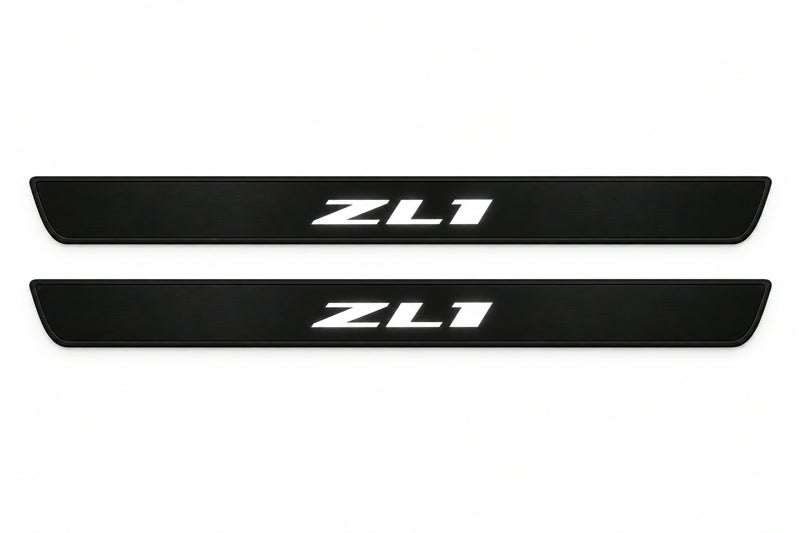 Catalogue illustration of two front black Matte PRO LED door sill plates with illuminated ZL1 lettering for Chevrolet Camaro VI; dimensions are selected during manufacture.