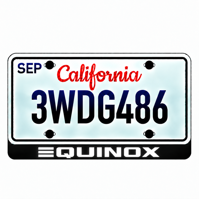 Chevrolet EQUINOX illuminated LED license plate badge with solid lettering below an illustrative US plate; plate not included