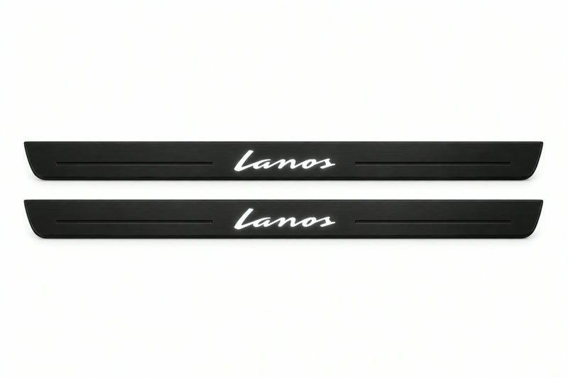 Catalogue illustration of two front black Matte PRO LED door sill plates with illuminated Lanos lettering for Chevrolet Lanos; dimensions are selected during manufacture.